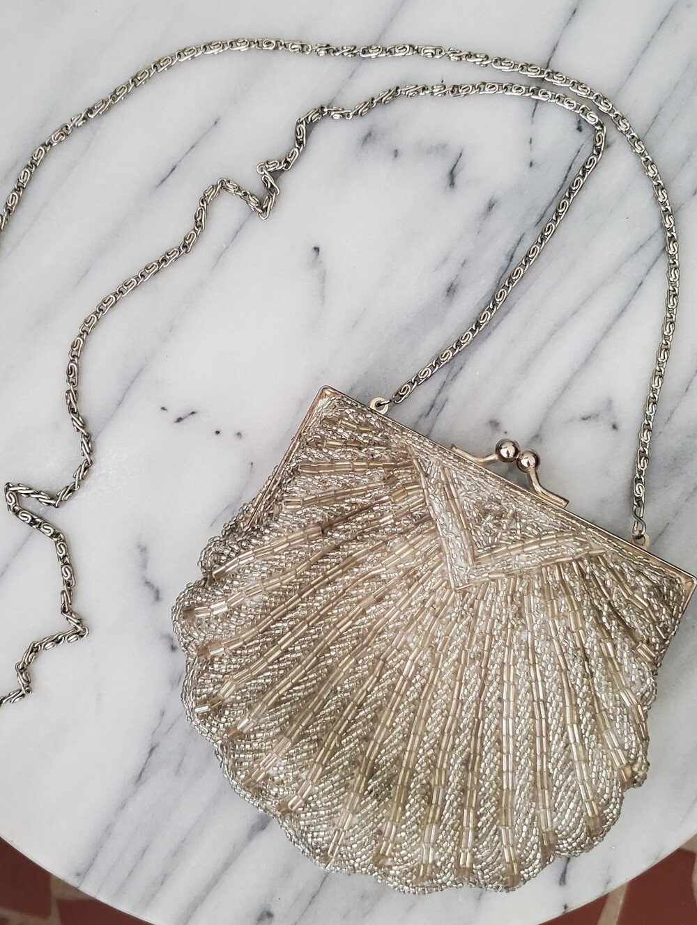 Vintage La Regale LTD Beaded Evening Purse, Seashell, Silver, Gray, 80s